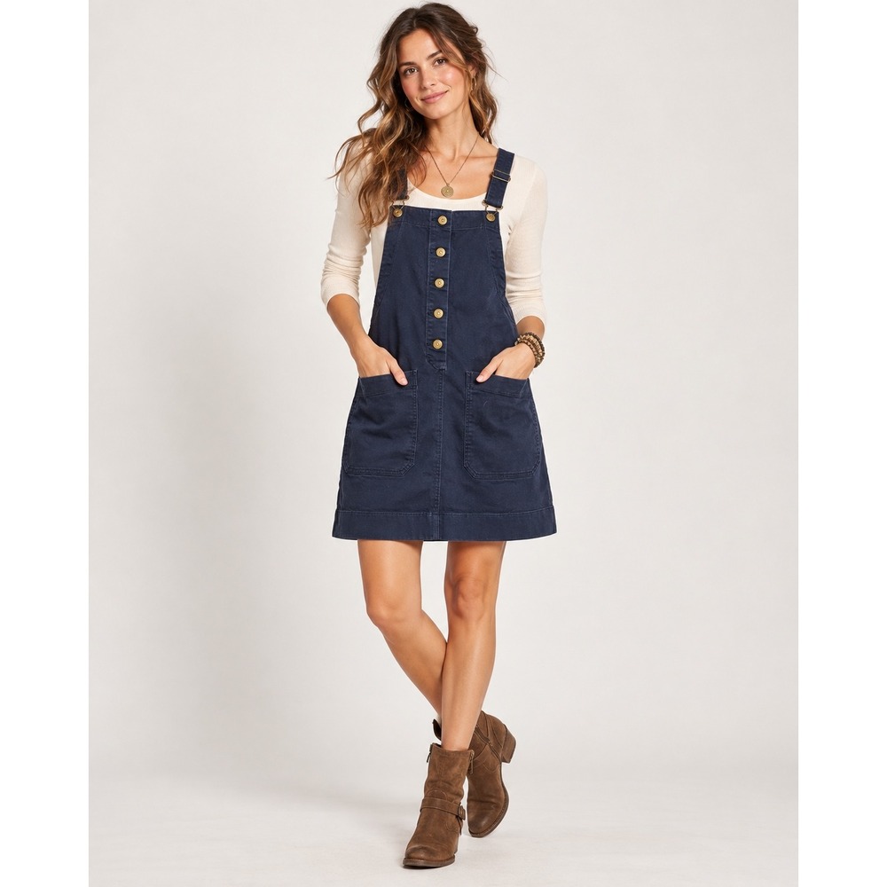 Duluth Trading Co Navy Blue Cotton Overall Pinafore Dress Women Medium